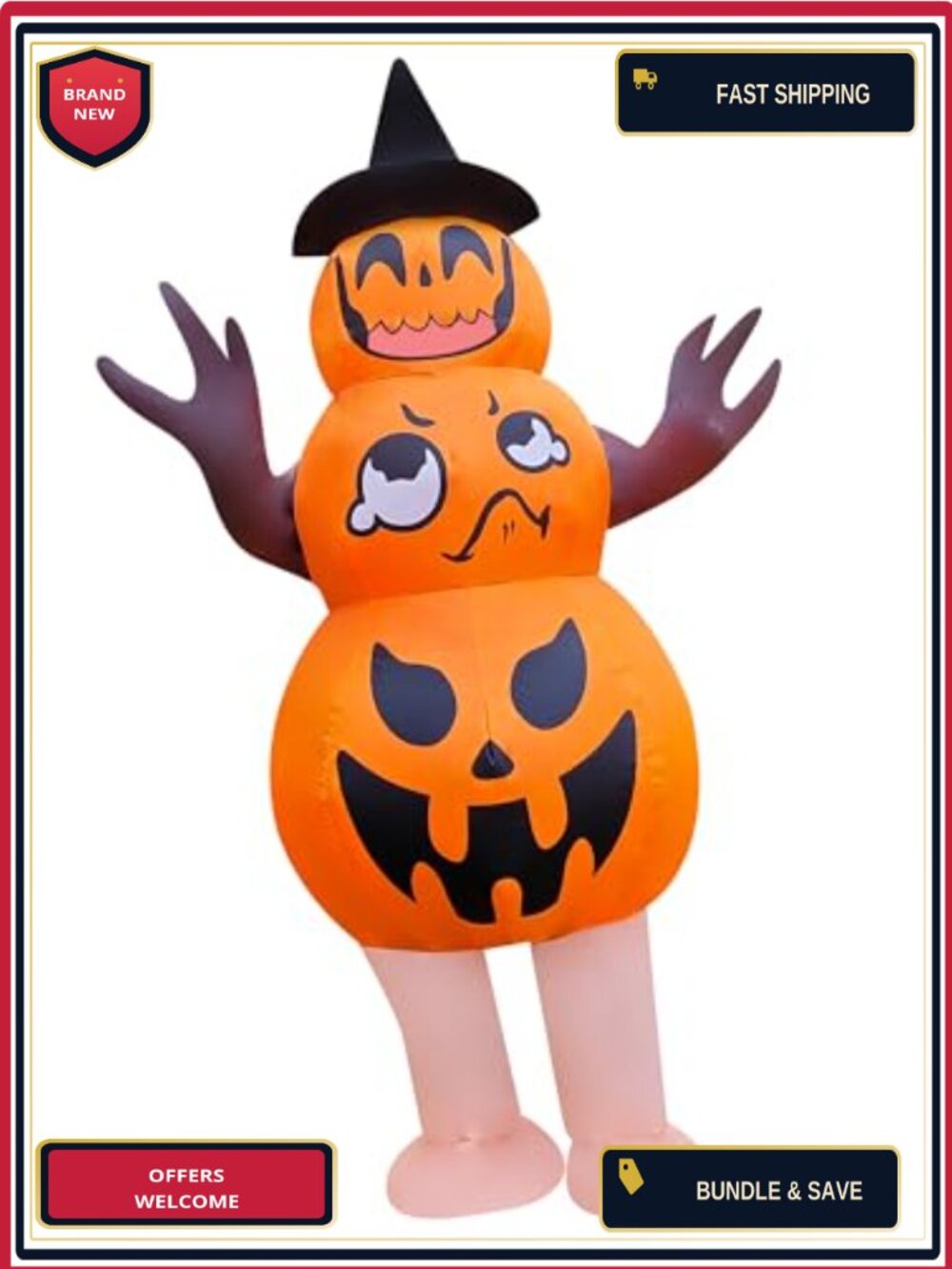 Inflatable Halloween Pumpkin Costume with Witch Hat Adult Blow-Up Suit